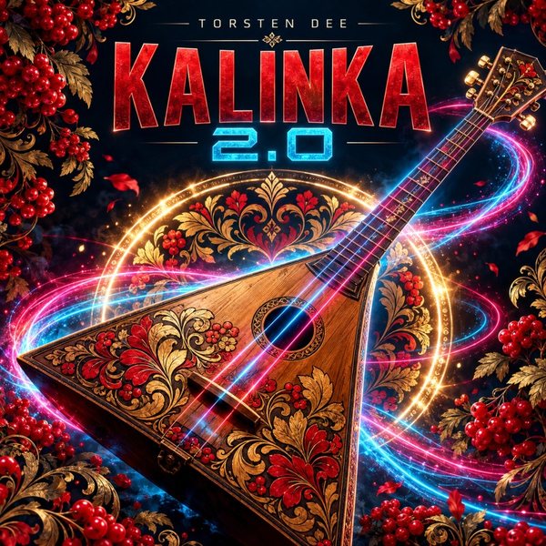 Cover von „Kalinka 2.0“ von Torsten Dee: verzierte Balalaika mit pink-blauen Lichtspuren zwischen roten Beeren